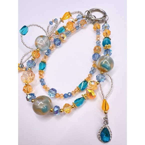 Handmade Accessories - Beaded Phone & Bag Charm Keychain Purse Charm Orange Blue Flower Bead Bag Clip